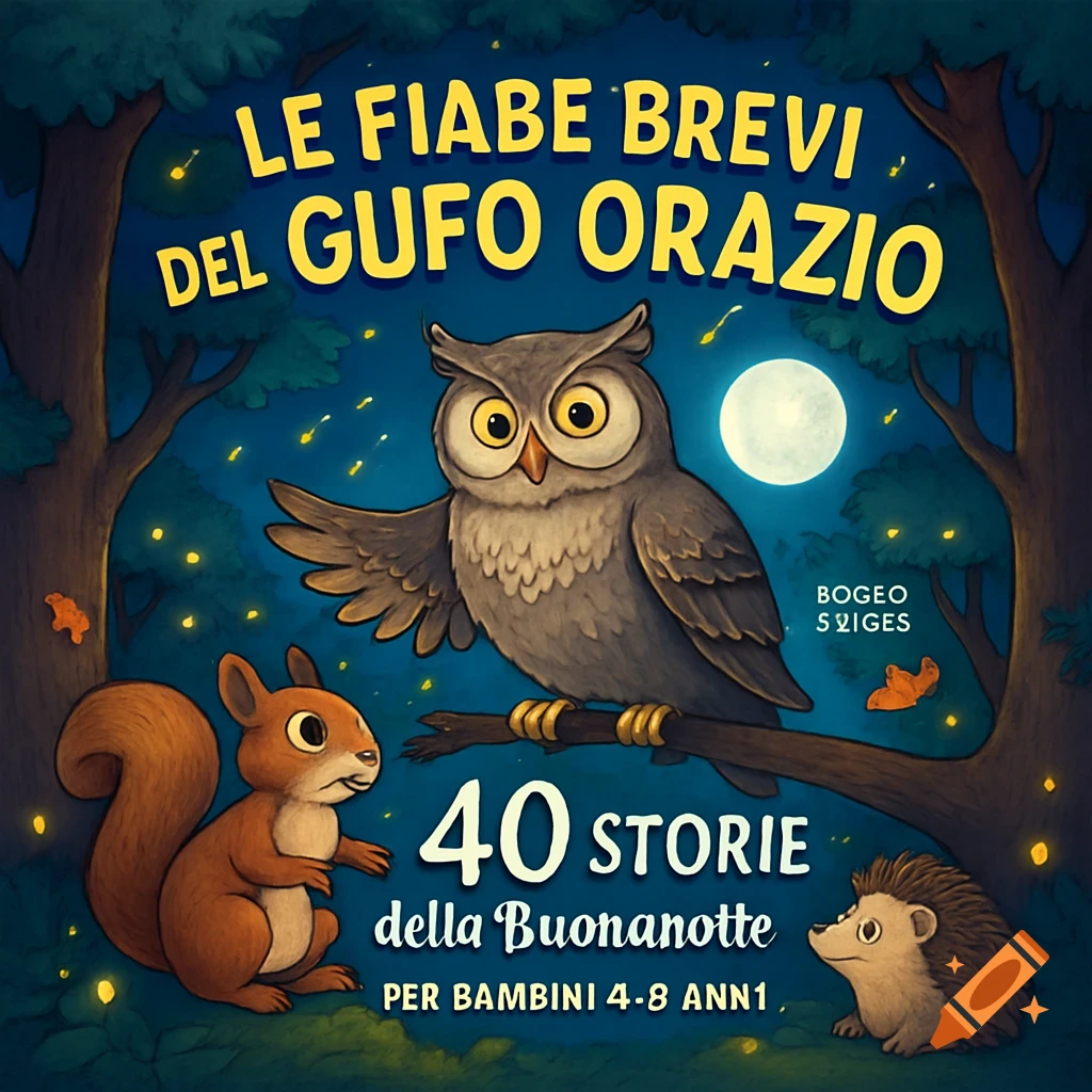 A whimsical children's book cover shows a wise owl on a branch, a squirrel and hedgehog below, under a full moon in a magical forest at night, with fireflies. Title reads "Le Fiabe Brevi del Gufo Orazio" and "40 Storie della Buonanotte"