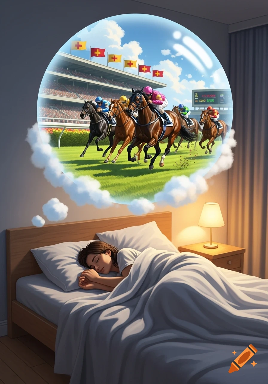 A person sleeps peacefully in bed, dreaming of a vibrant horse race in a cloud bubble above their head.