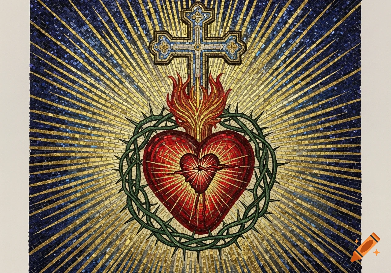 Mosaic artwork of the Sacred Heart, featuring a flaming red heart with a crown of thorns, a cross above, radiating golden light.