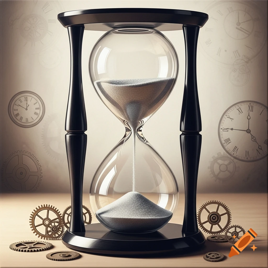 A photorealistic hourglass with sand flowing, surrounded by brass gears and clock faces.