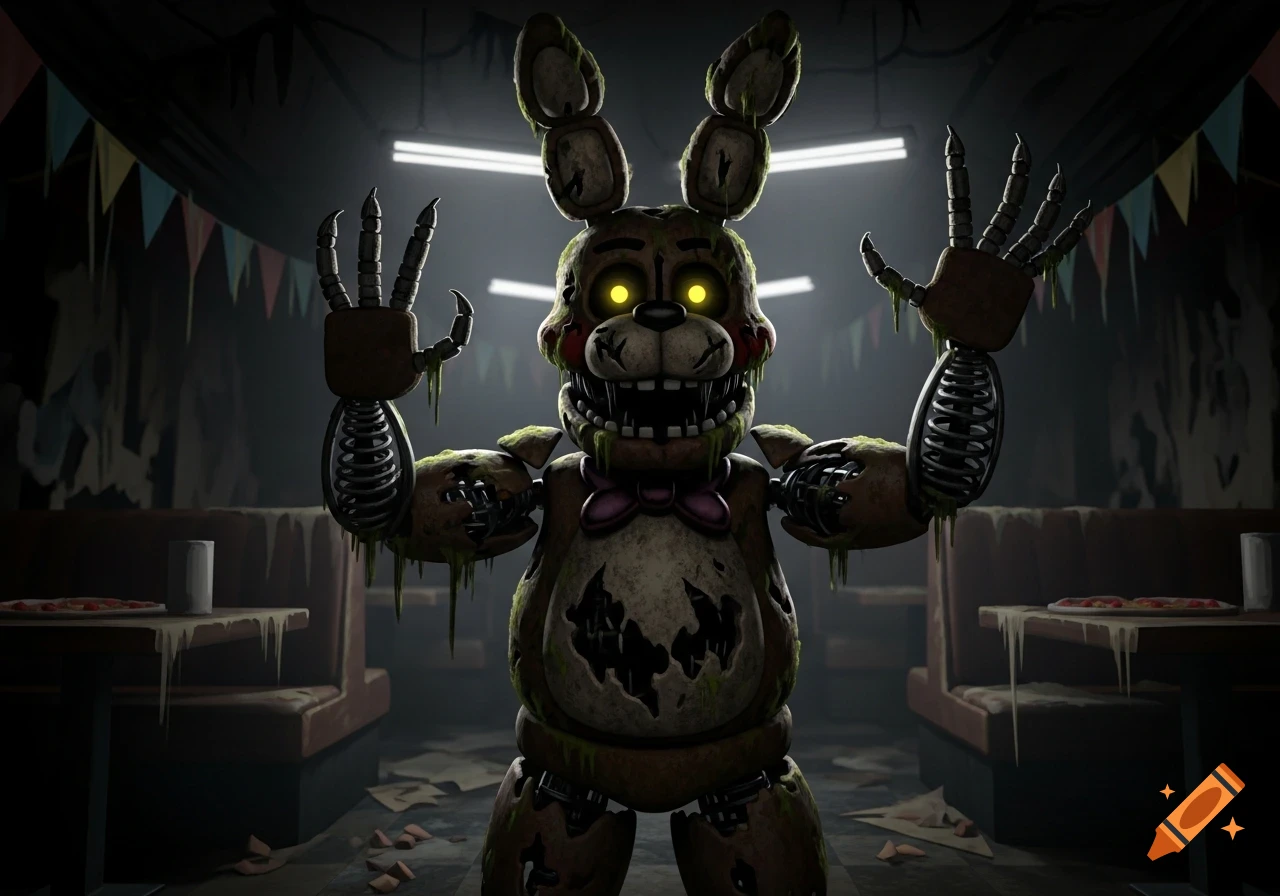 A terrifying, moss-covered Springtrap animatronic with glowing yellow eyes raises its hands in a dark, abandoned restaurant.