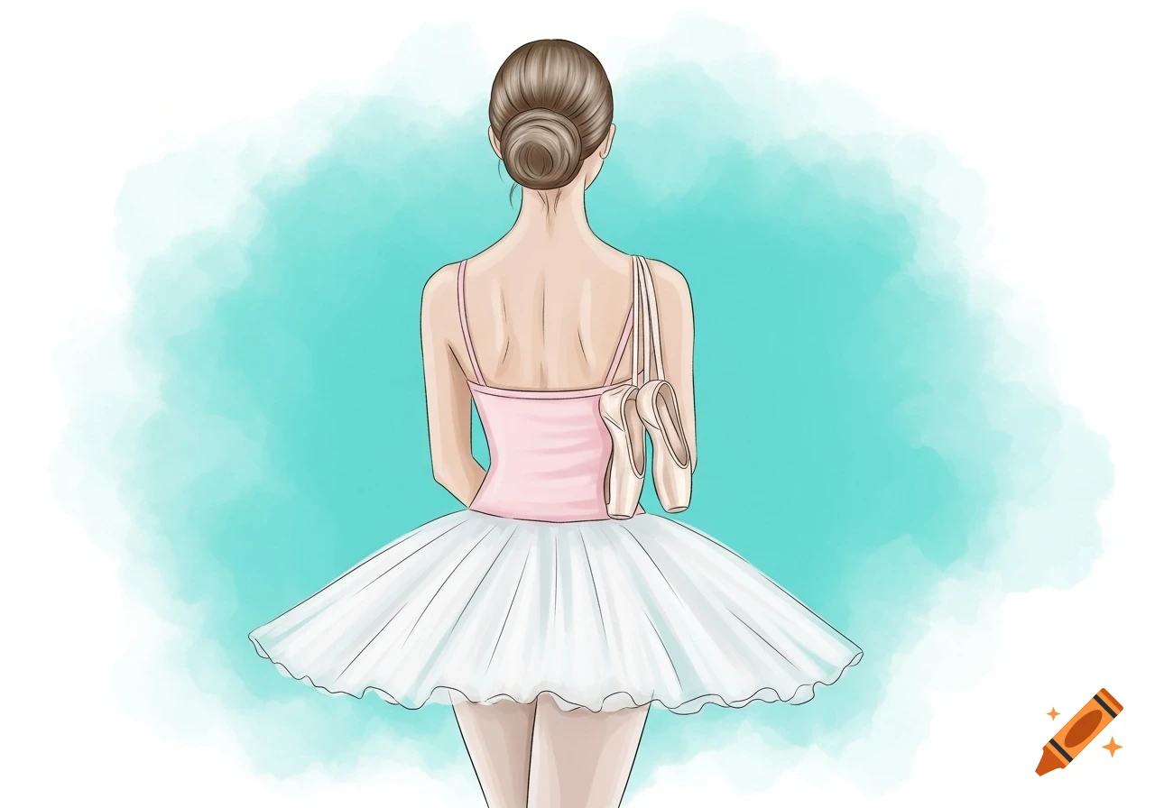 A drawing of a ballerina seen from behind, wearing a pink leotard and white tutu, with pointe shoes hanging over her shoulder against a soft turquoise watercolor background.