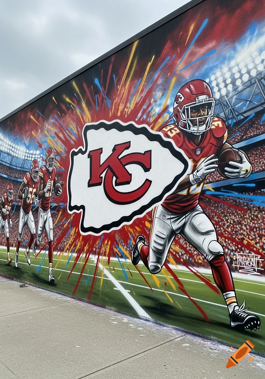 Colorful graffiti mural of Kansas City Chiefs football players running with the ball in a stadium, with a large KC logo.