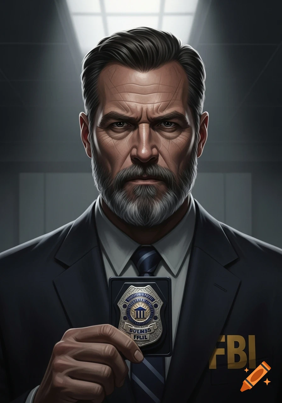 Close-up portrait of a stern, grey-bearded man in a suit, holding up an FBI badge with his hand. Stylized illustration.