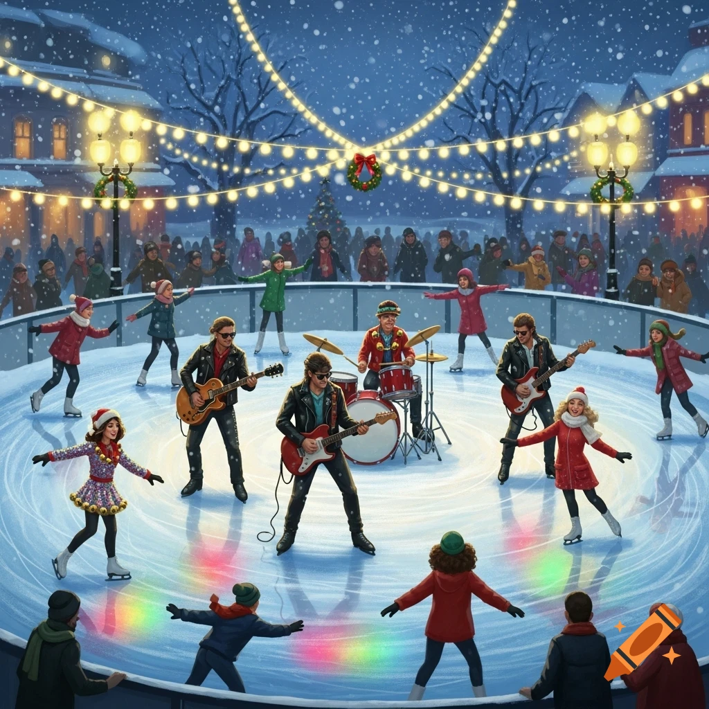 A festive scene with a rock band performing on an outdoor ice rink, surrounded by people ice skating under falling snow and string lights.