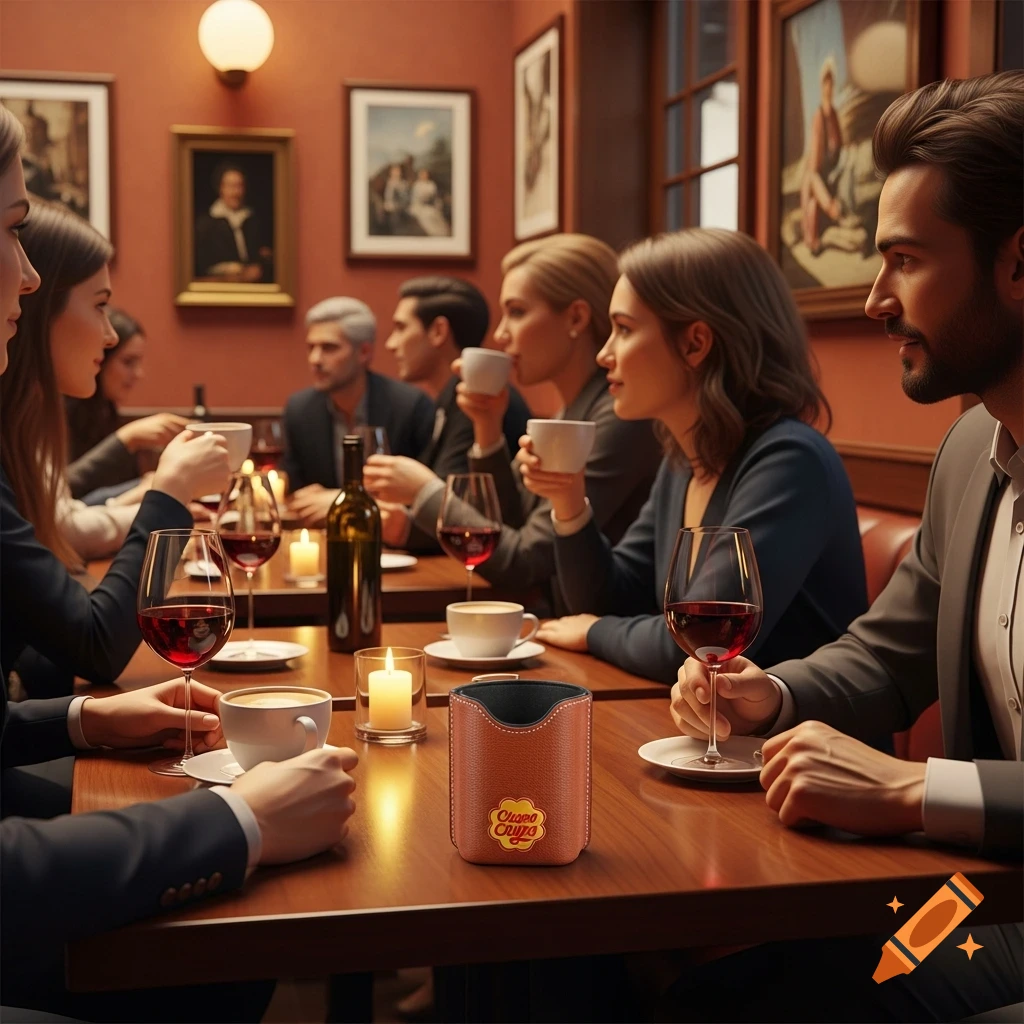 People socializing and dining at a table in a restaurant, with a leather Chupa Chups holder in the foreground.