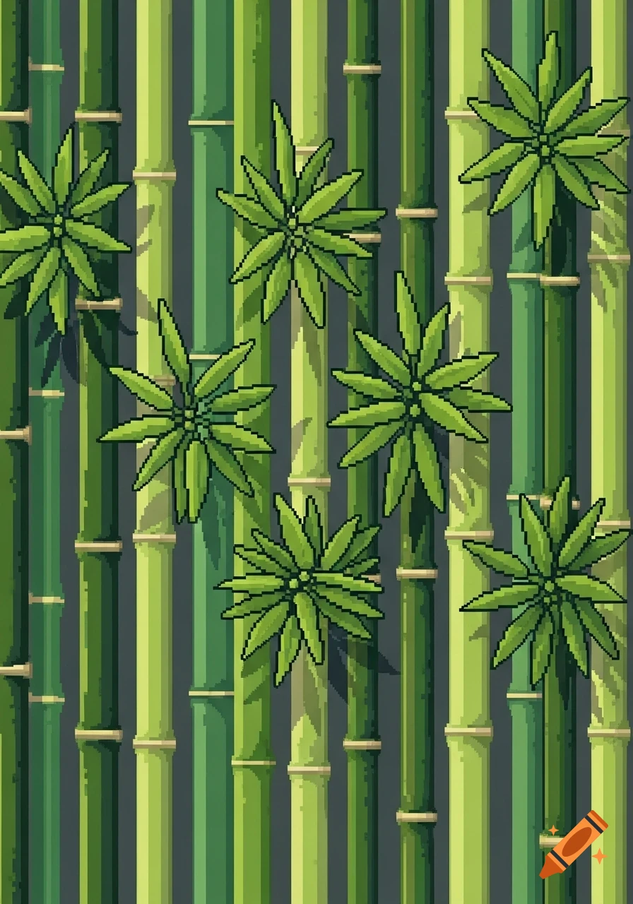Pixel art pattern of green bamboo stalks with scattered green leaves.