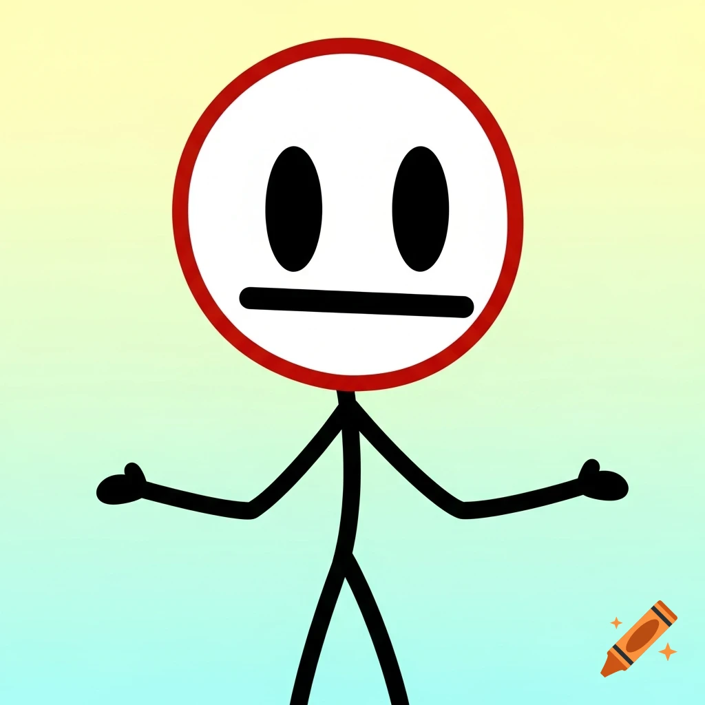 A minimalist stick figure with a white circular head outlined in red, black oval eyes, and a straight black line for a mouth, on a yellow and blue gradient background.
