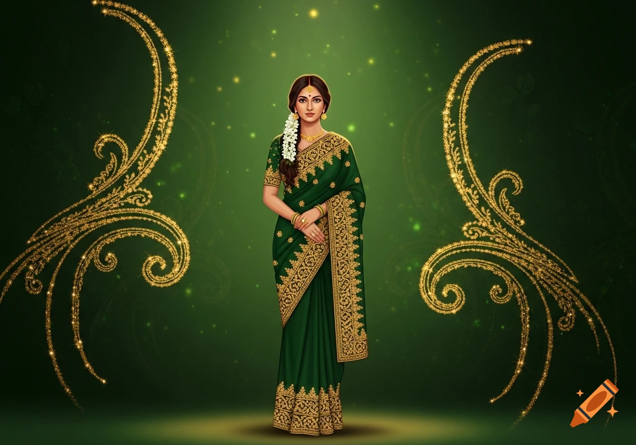 An illustration of an Indian woman in a green saree with gold embroidery, standing against a sparkling green background with gold ornamental designs.