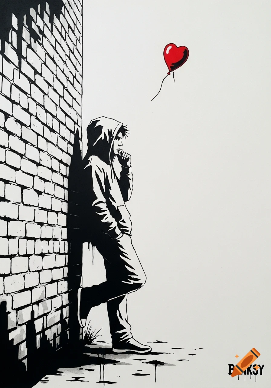 Banksy-style black and white sketch of a person in a hoodie leaning against a brick wall, watching a red heart balloon float away.