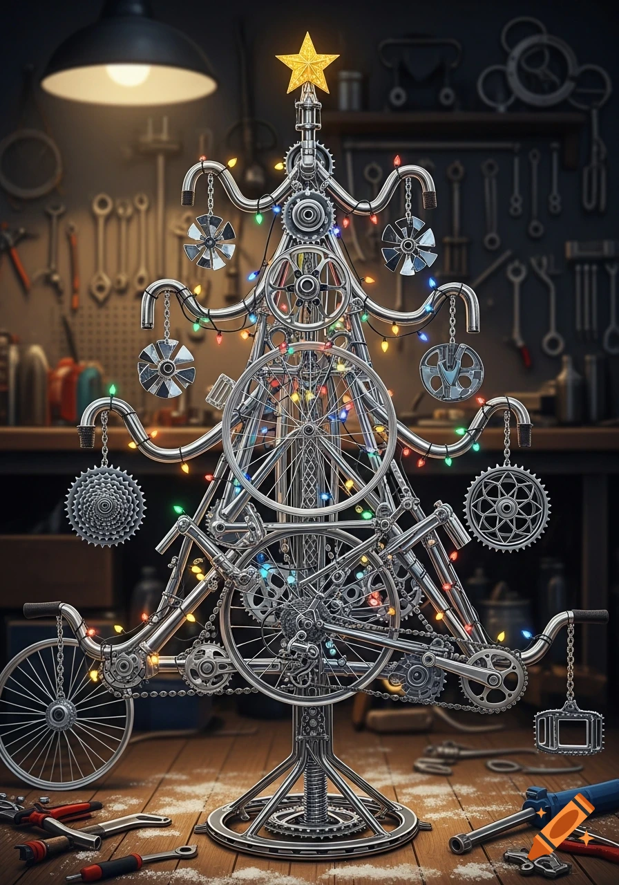 A creative Christmas tree made from shiny silver bicycle parts, adorned with colorful lights and a golden star, in a workshop.