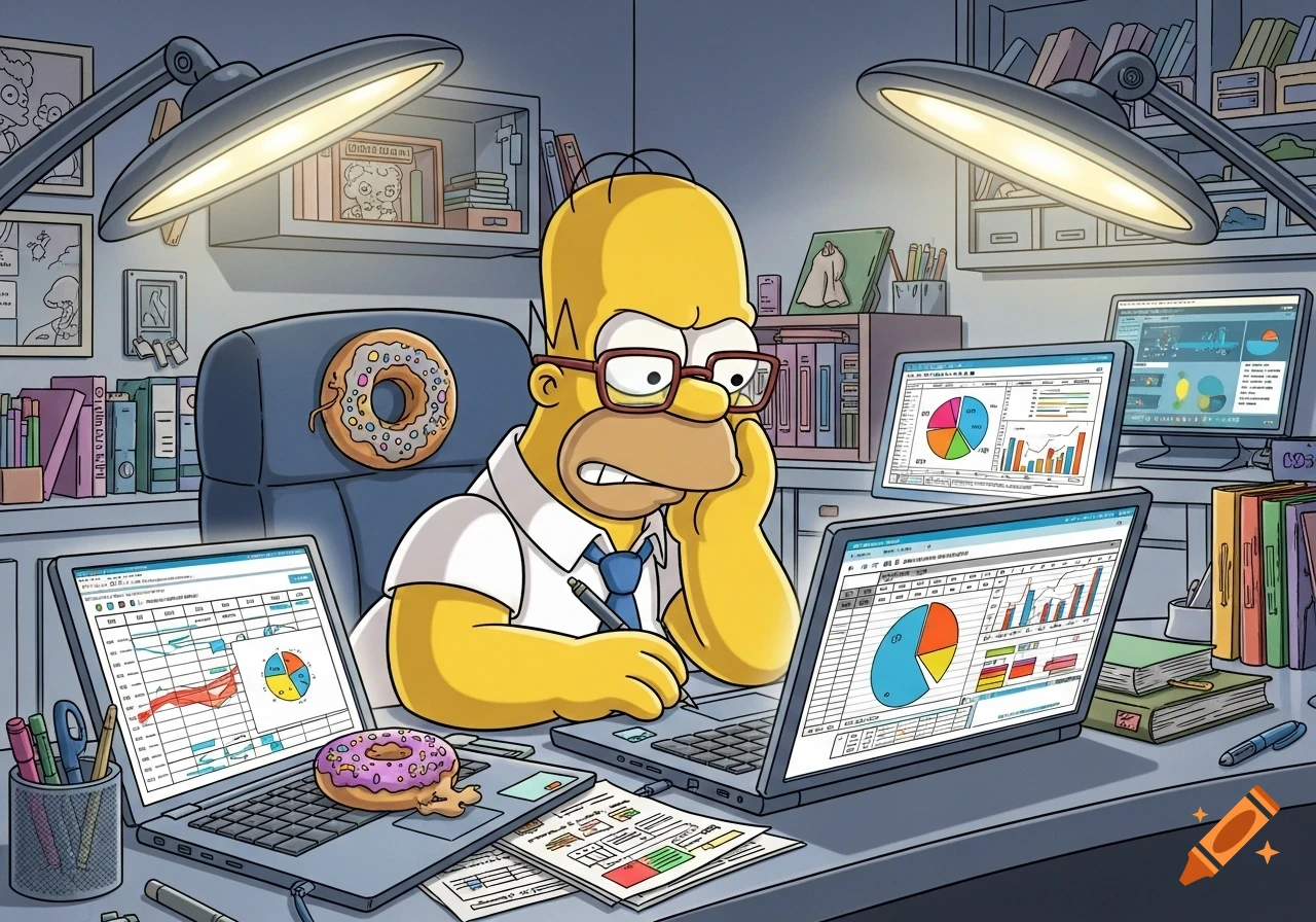 Homer Simpson in a white shirt and blue tie, wearing glasses, sits at a desk cluttered with laptops and papers displaying charts and graphs, looking stressed as he types.