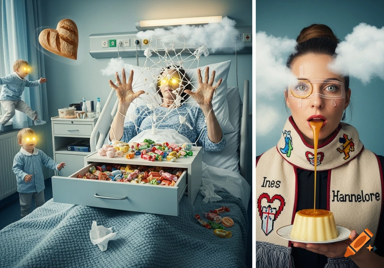 A surreal split image. Left: a patient with glowing eyes and sticky hands in a hospital bed surrounded by candy, floating heart-shaped bread, and children with glowing eyes. Right: a woman with pudding dripping from her mouth, wearing a scarf with "Ines" and "Hannelore" on it, and a clear film over one eye.