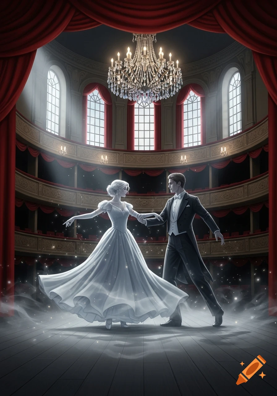 A ghost woman in a white gown and a ghost man in a tux dance on a stage in a grand theater with red curtains and a chandelier.