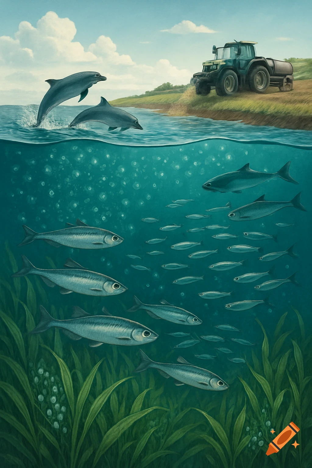 An illustrated scene shows a tractor polluting a field next to water where dolphins jump and many fish swim underwater.