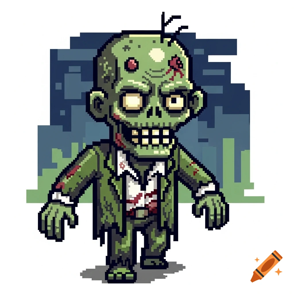Pixel art cartoon zombie character with green skin, tattered suit, and yellow eyes, against a dark pixelated background.