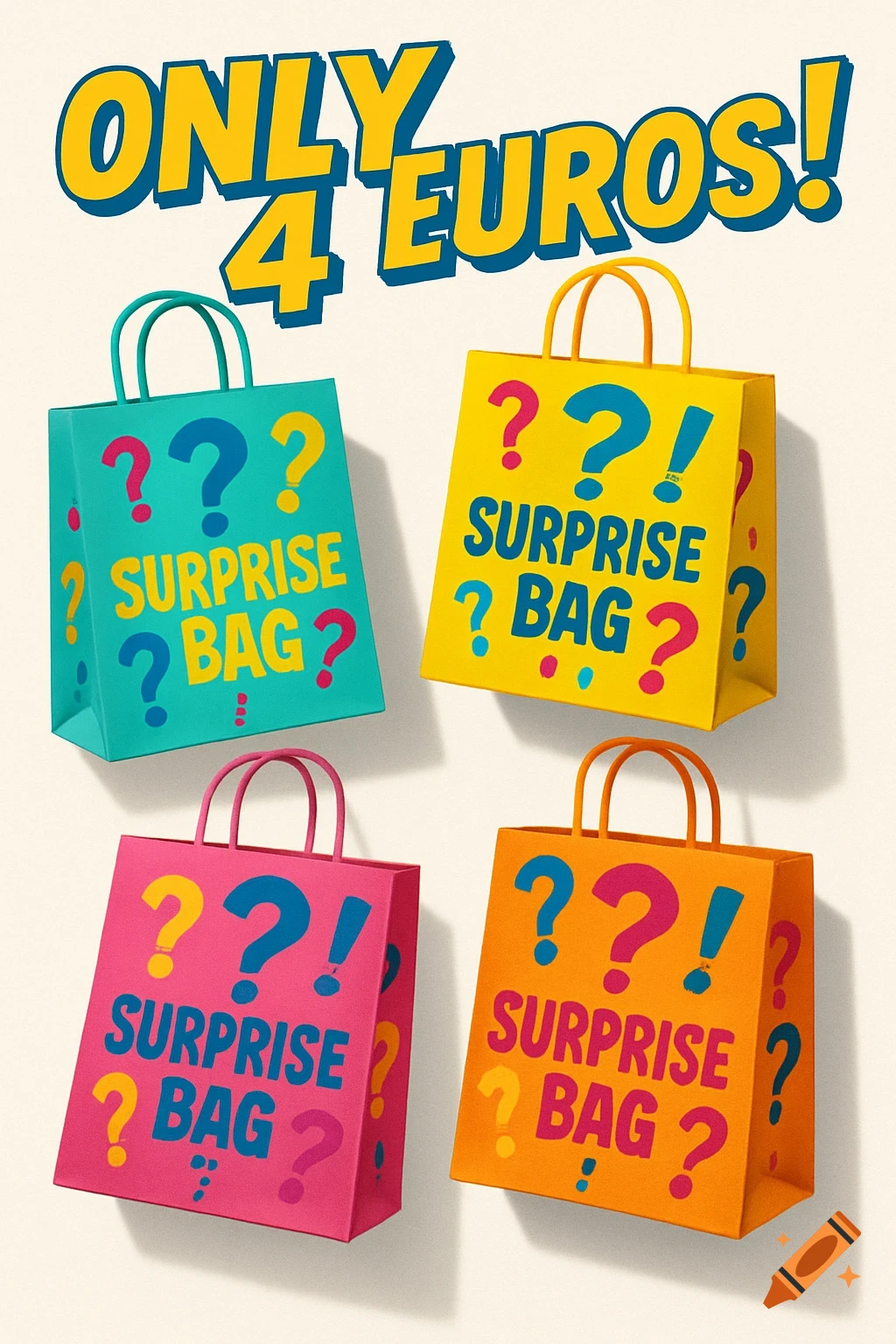 A vibrant illustration featuring four colorful gift bags, each labeled 'SURPRISE BAG?' and text 'ONLY 4 EUROS!' above them.