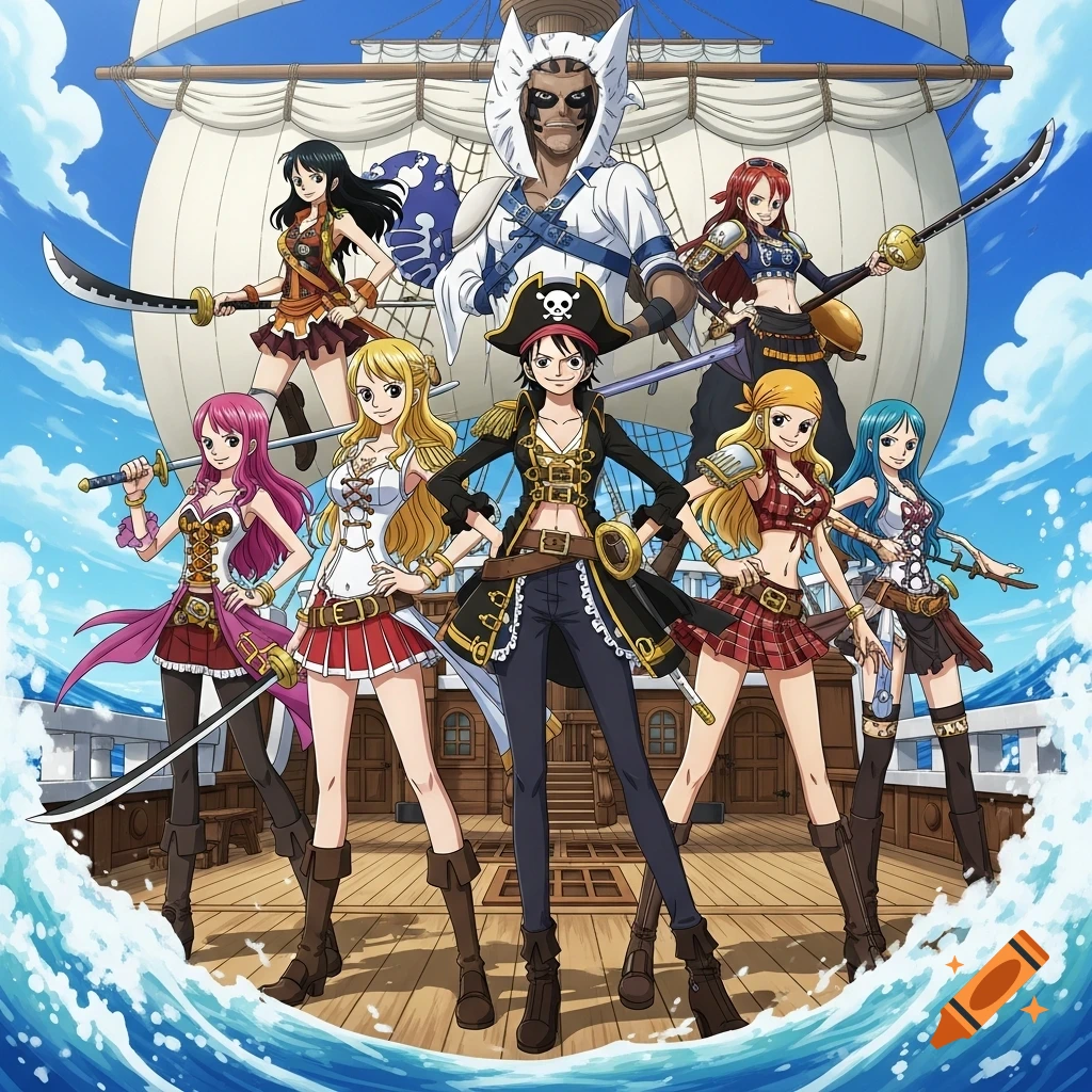 A group of seven anime-style female characters dressed as pirates, posing on the deck of a sailing ship with a blue sky background.