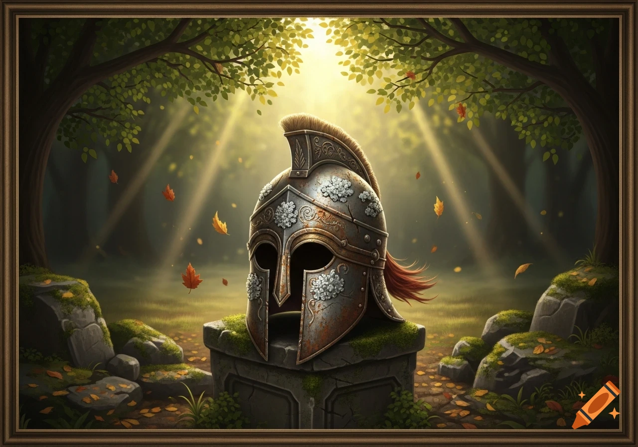 An ornate, rusty old helmet sits on a mossy stone pedestal in a sunlit fantasy forest with autumn leaves falling.