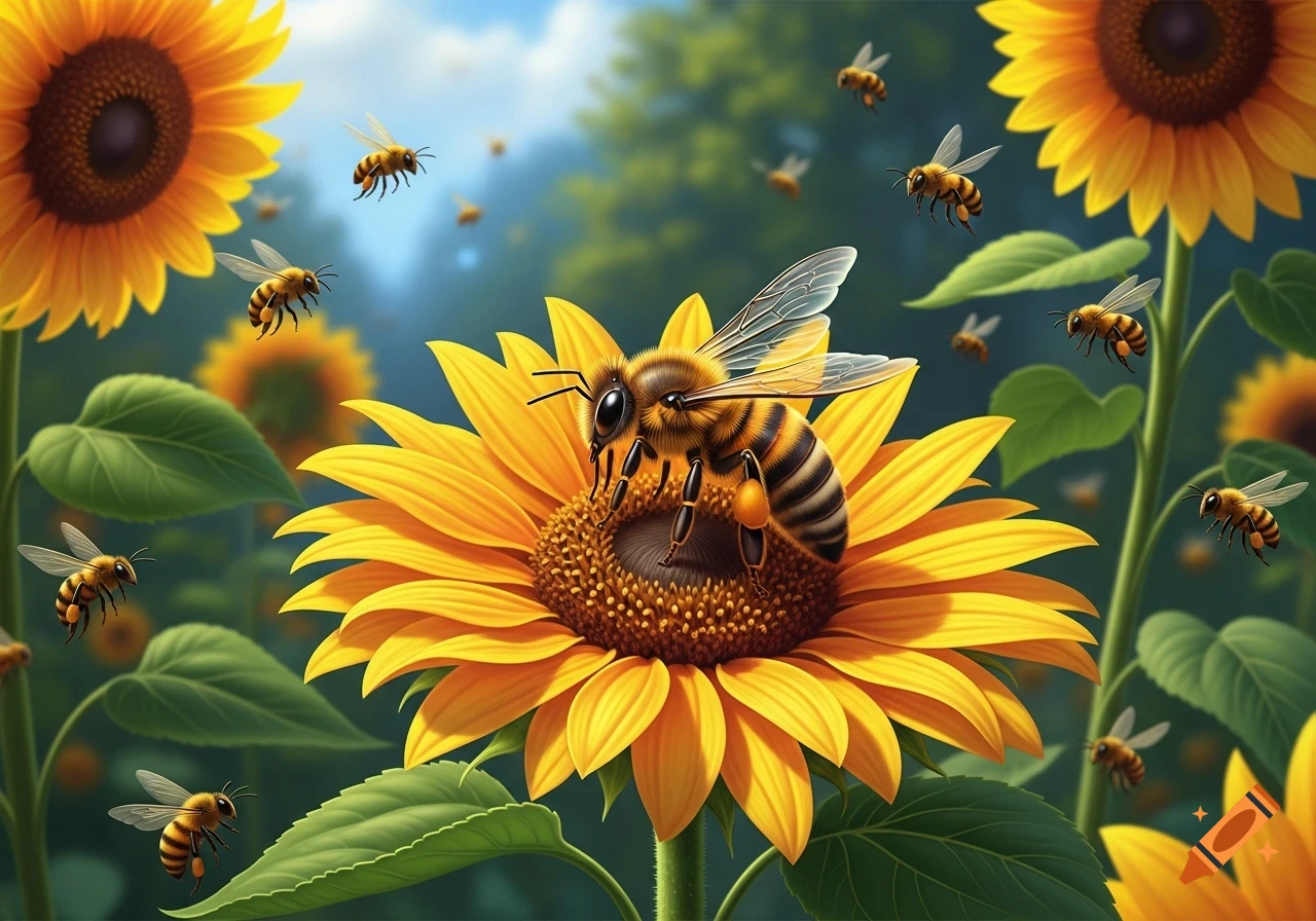 A large honeybee with prominent pollen sacs sits on a bright yellow sunflower, surrounded by other bees flying among sunflowers.