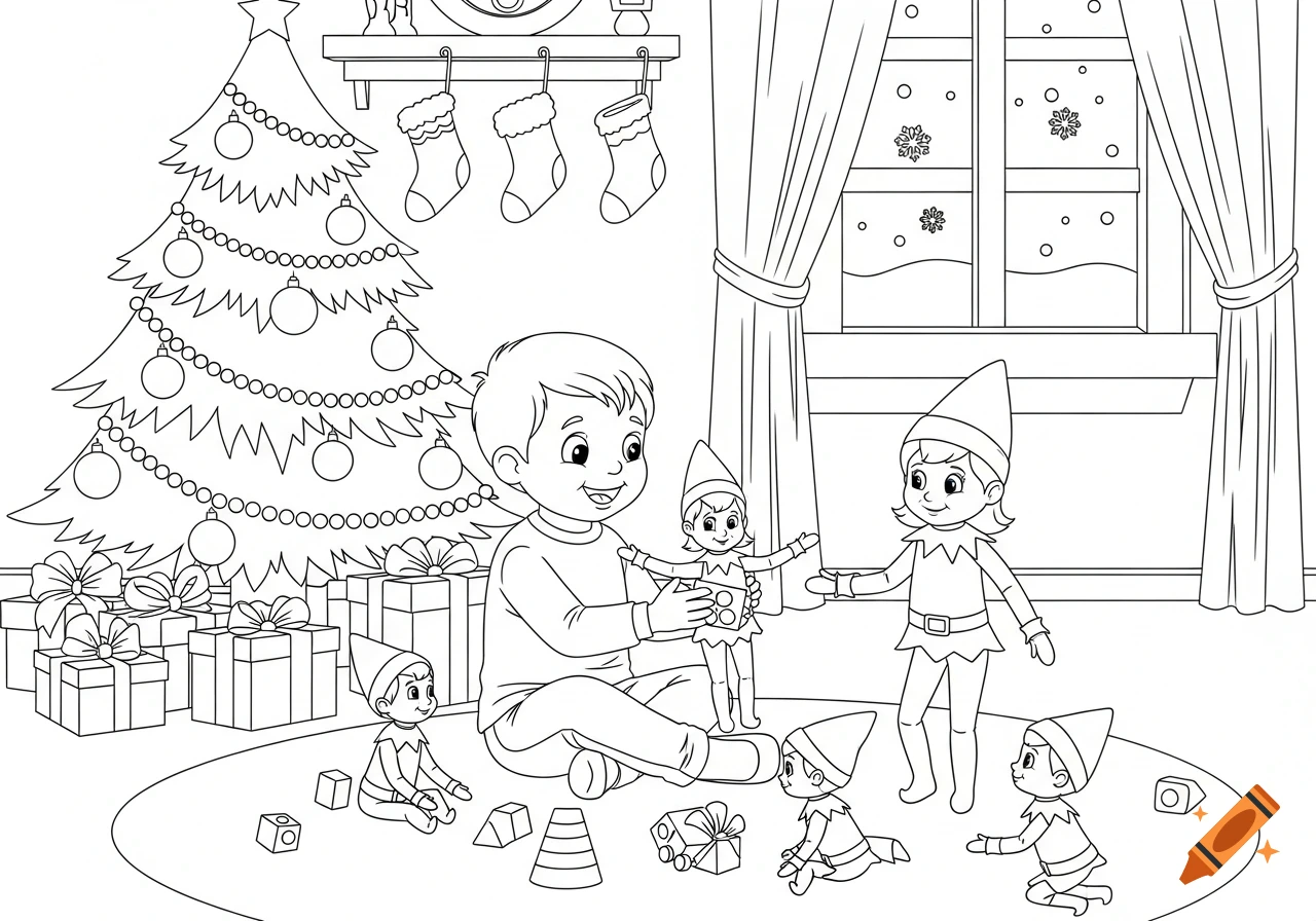 Black-and-white coloring page of a happy boy playing with Elf on the Shelf characters in a cozy Christmas living room.