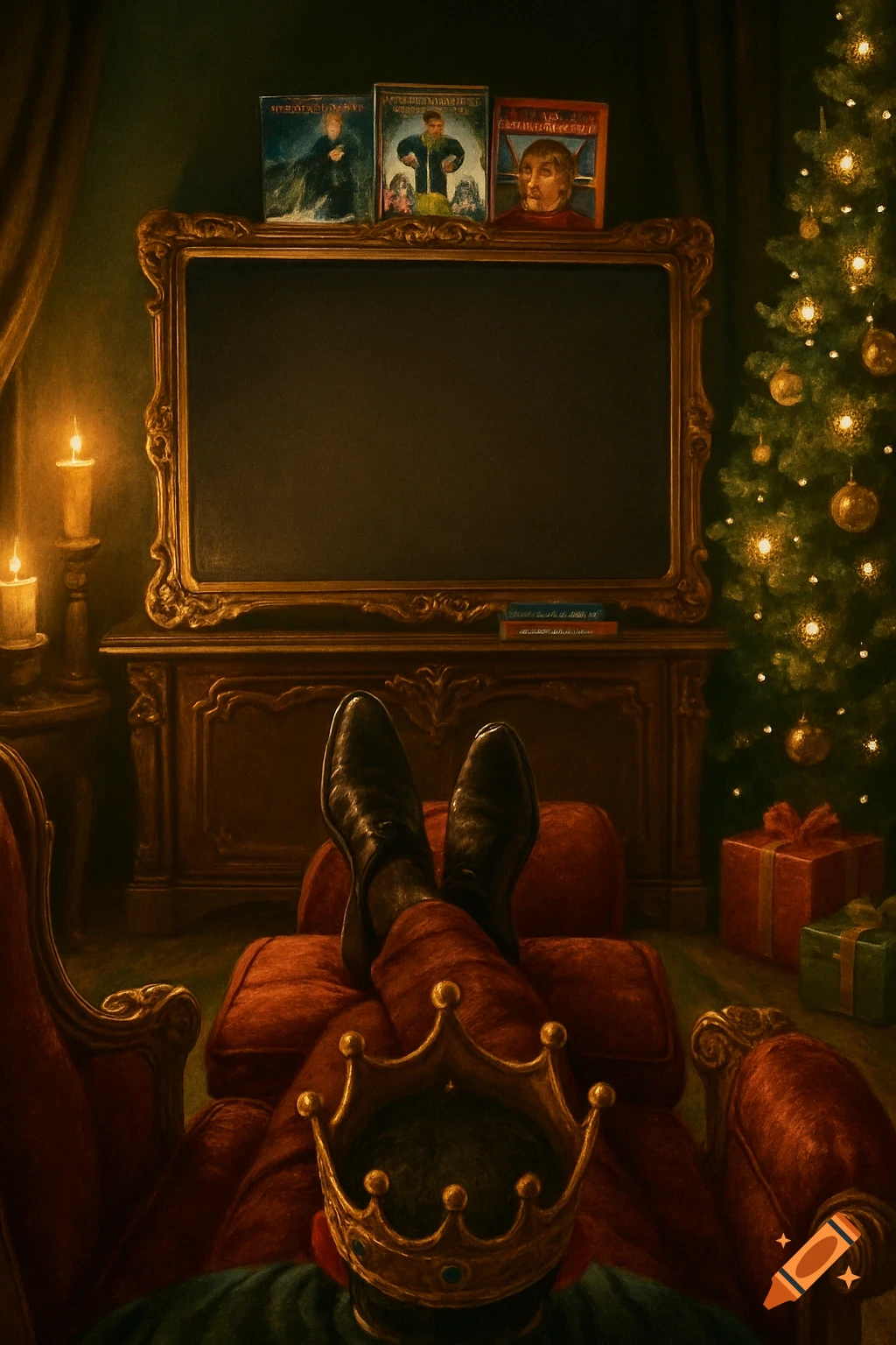A person wearing a crown, feet propped on a red recliner, views a blank ornate TV screen in a dimly lit room with a lit Christmas tree and wrapped presents.