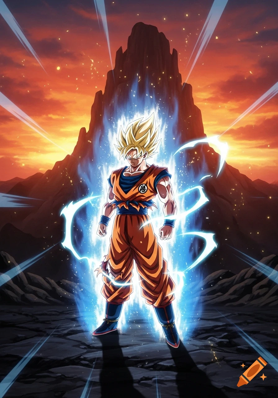 Anime illustration of Super Saiyan Goku standing with a blue aura against a rocky, mountainous landscape and an orange sky.