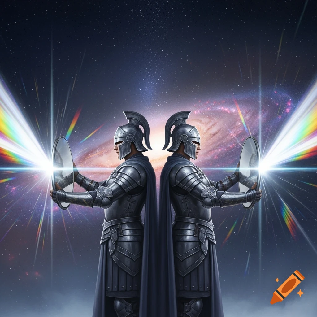 Two armored centurions stand back-to-back in space, holding mirrors that emit bright white light and rainbow arcs.