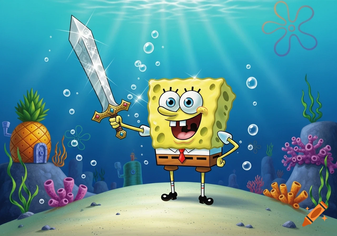 Spongebob Squarepants holding a shining sword in an underwater scene with his pineapple house in the background.