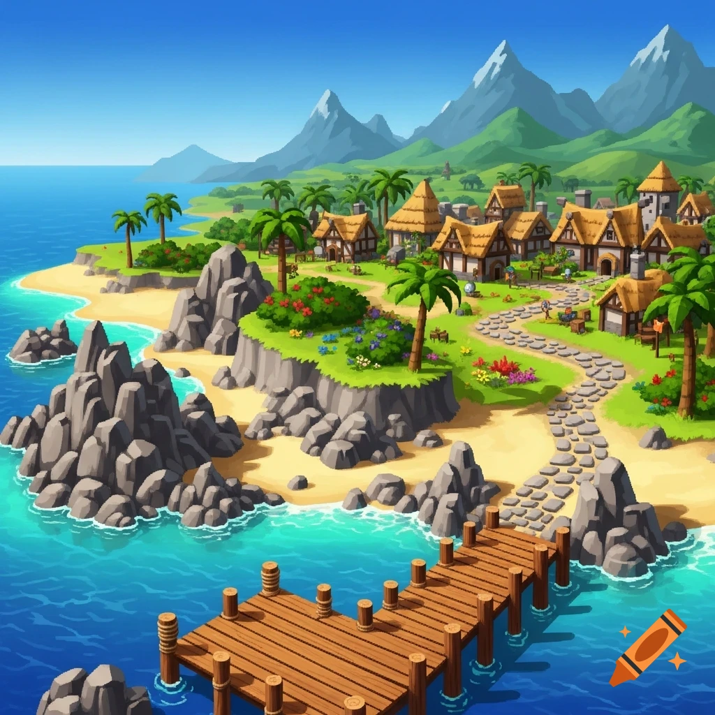 An isometric, colorful game art style illustration of a tropical island village with a wooden dock, beaches, palm trees, and mountains.