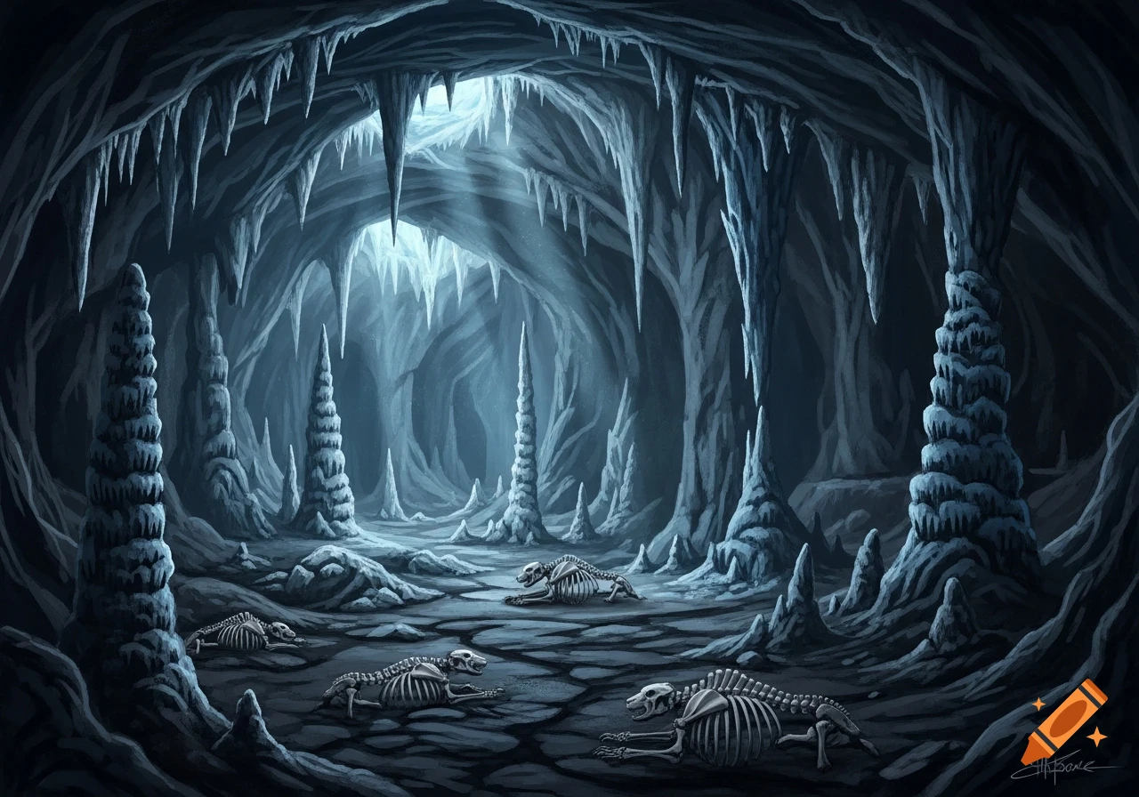 An illustrated dark ice cave with sharp stalactites, towering stalagmites, and multiple bear skeletons on the cracked ground.