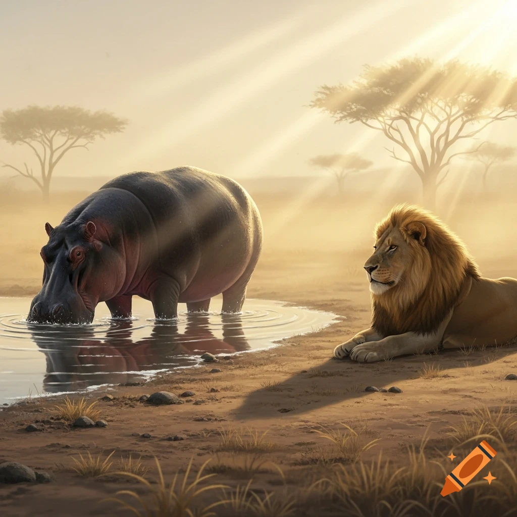 A hippo drinks from a watering hole while a male lion rests on the dry ground nearby, bathed in golden sunlight filtering through trees.