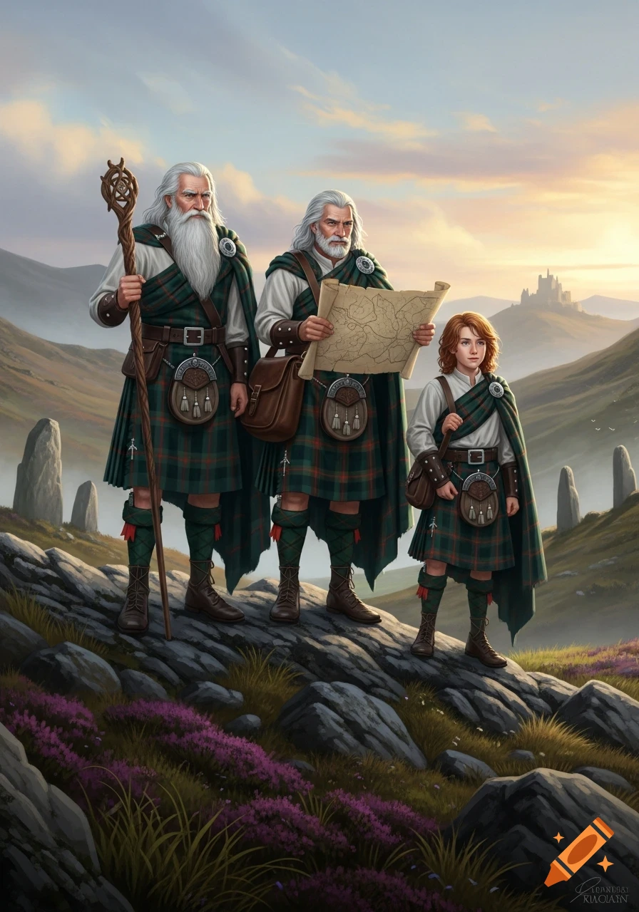 Two bearded men and a child in kilts stand on a rocky, heather-covered mountainside with a castle in the background.