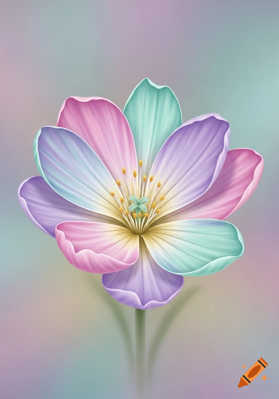 A vibrant, symmetrical flower with pastel pink, purple, blue, and green petals, and a soft, blurry background.