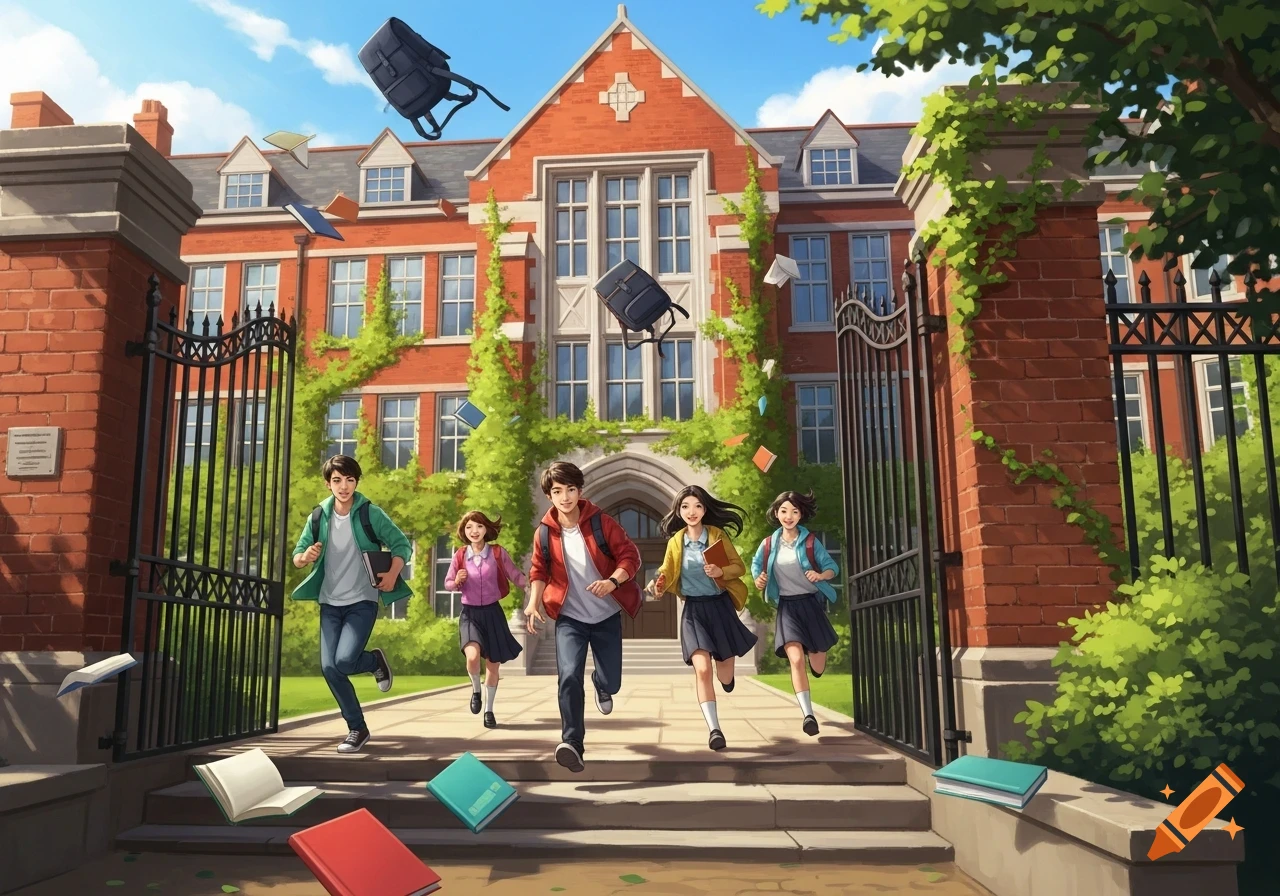 Six anime students cheerfully running out of a large brick school building under a sunny sky, with books and backpacks floating.