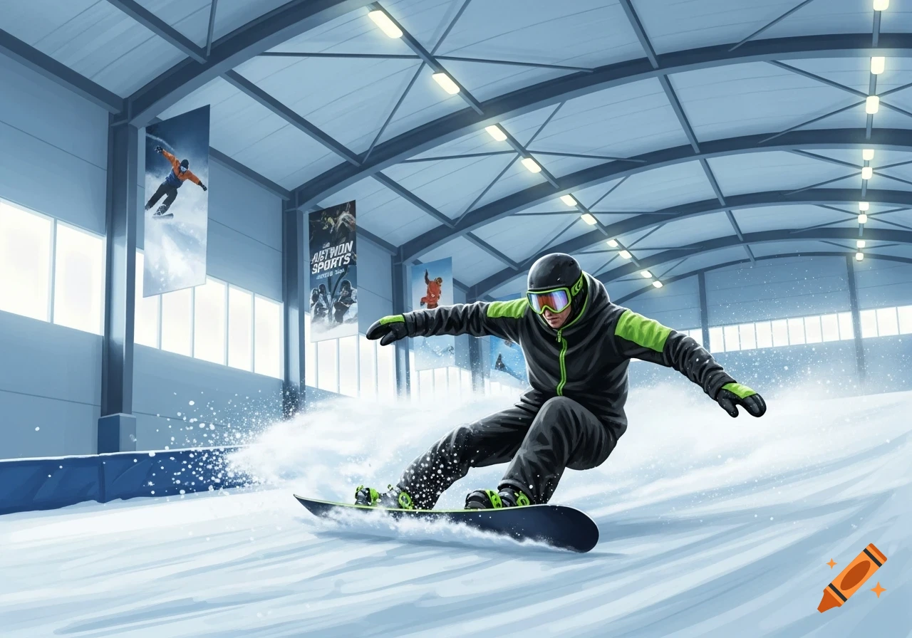 A snowboarder in a black and green suit carves through snow inside a large indoor ski hall with banners.