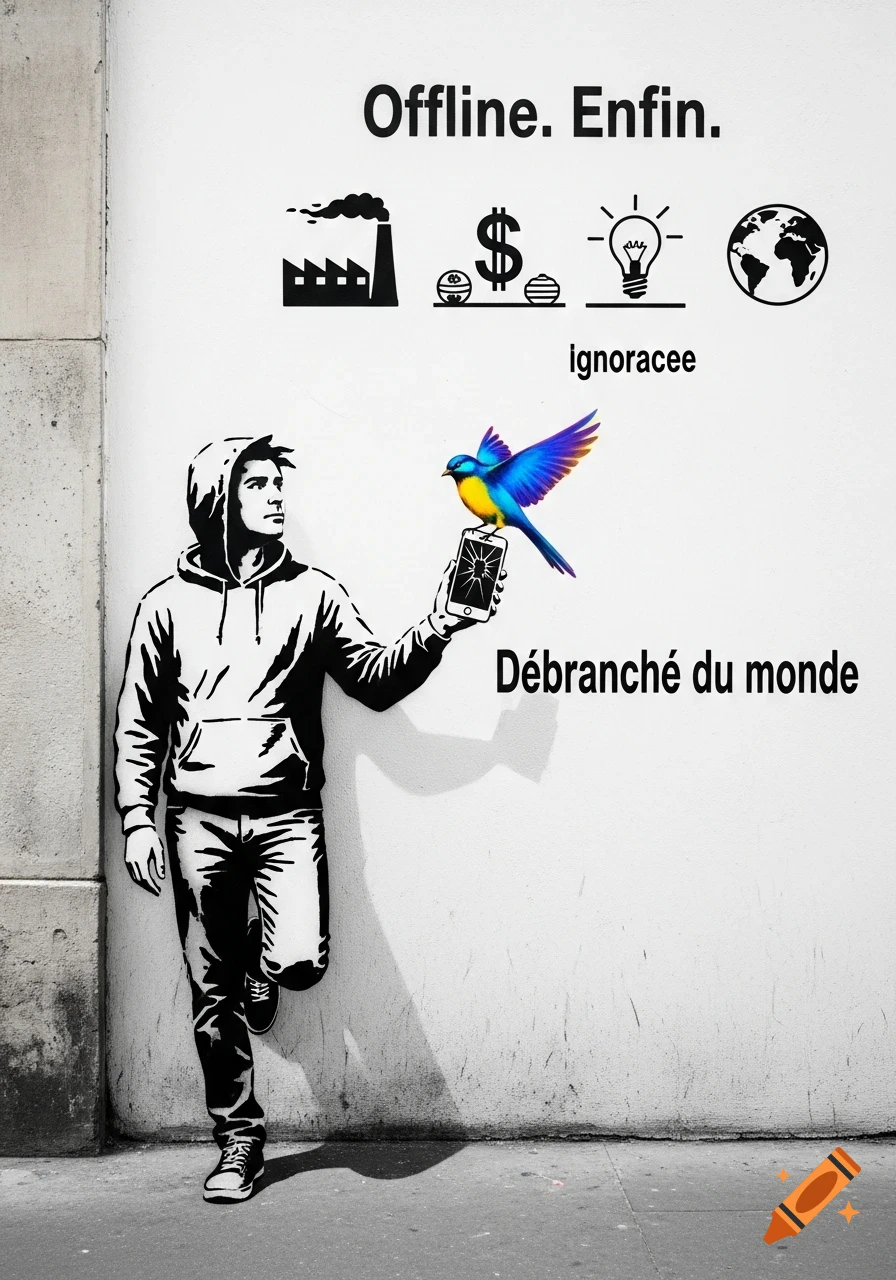 Banksy-style stencil of a man with a hoodie holding a cracked smartphone with a colorful bird on it. Text and symbols are on the wall.