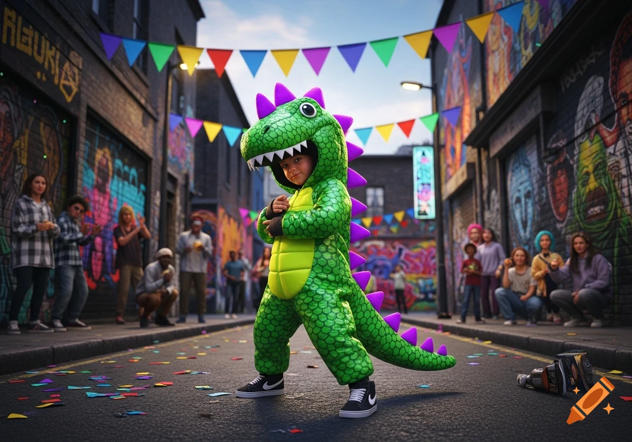 A child in a green and purple dinosaur costume poses in a vibrant city alleyway adorned with graffiti and festive bunting, with blurred onlookers in the background.