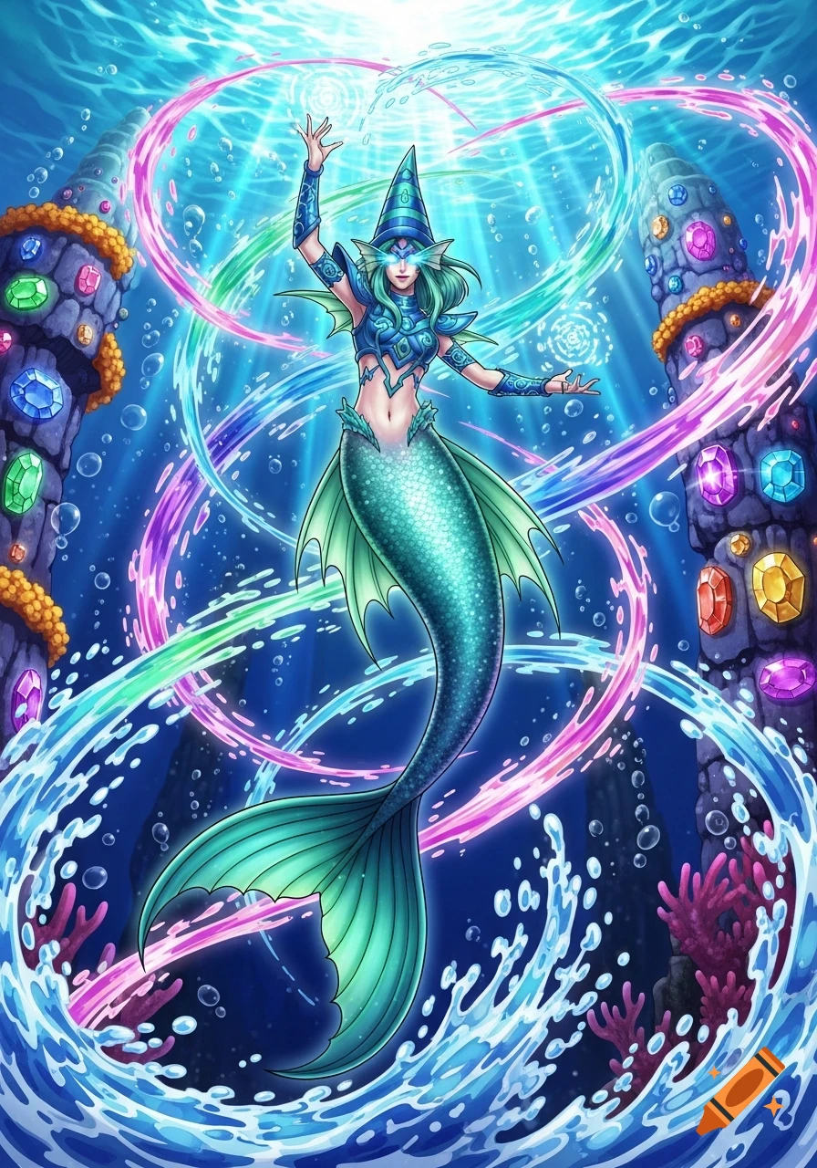 Vibrant illustration of a mermaid sorcerer with green hair, blue armor, and a wizard hat, surrounded by colorful swirling energy underwater.