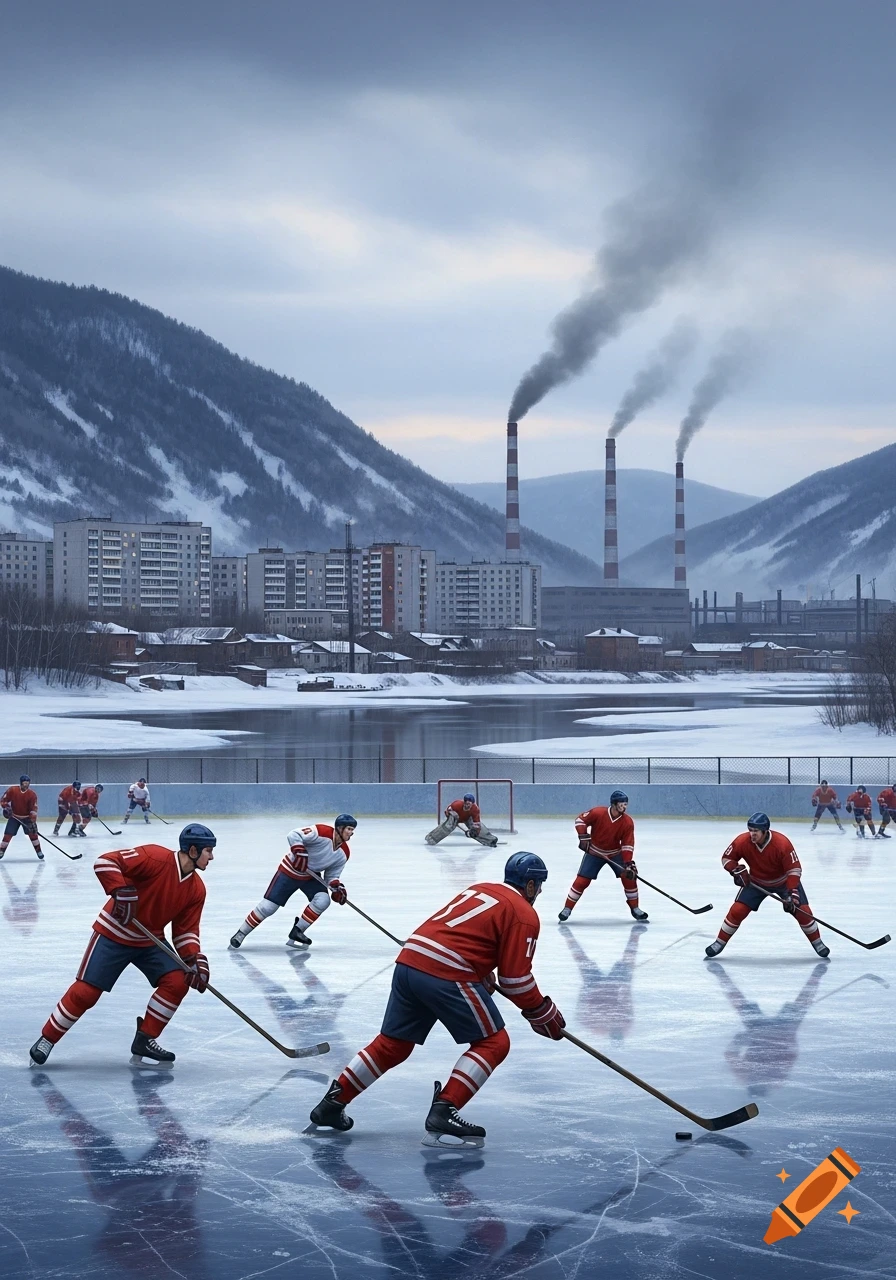 Hockey players on an outdoor ice rink with snow-covered mountains, apartment buildings, and smoking factory chimneys in the background.