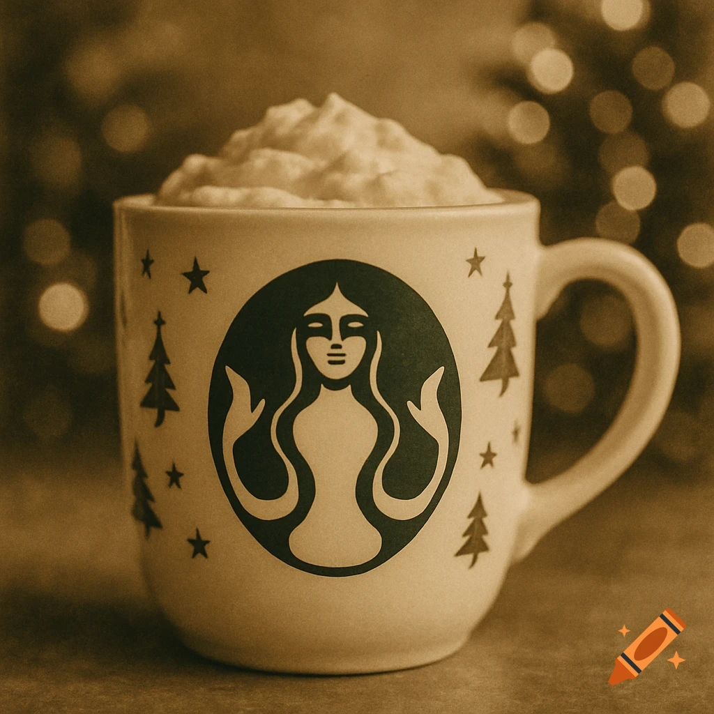 Sepia-toned close-up of a white coffee mug filled with whipped cream, decorated with a black siren logo and Christmas trees, against a blurred background of festive lights.