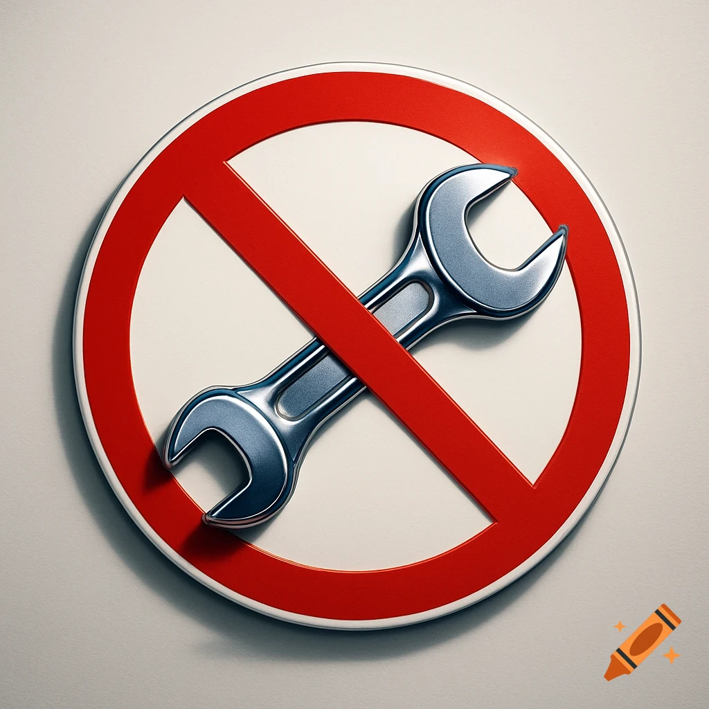 Red prohibition sign with a silver wrench inside, meaning no tools or maintenance.