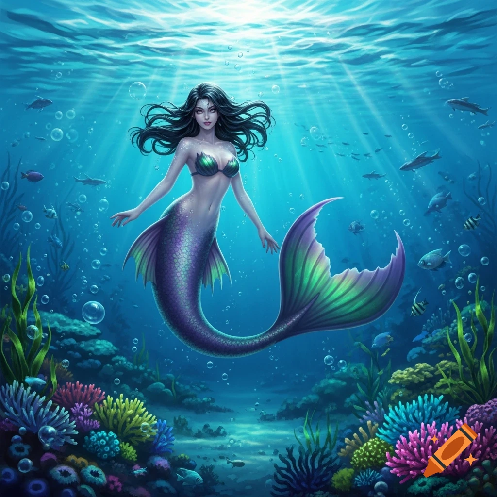 A mermaid with black hair and a purple-green tail swims in a vibrant coral reef, sunbeams pierce the blue ocean water.