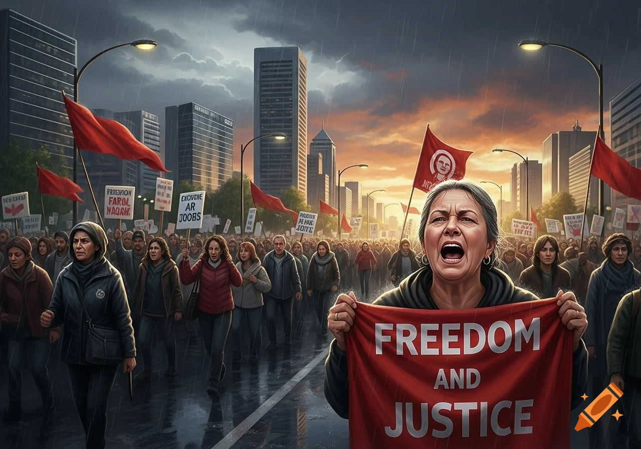 A large crowd of people protests in a rainy city street at sunset, with a woman in the foreground shouting and holding a red banner reading "FREEDOM AND JUSTICE".