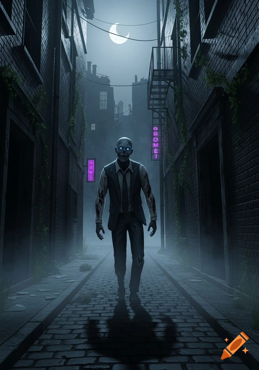 A zombie in a suit with glowing blue eyes walks down a dark, foggy cobblestone alley at night under a crescent moon, digital art.