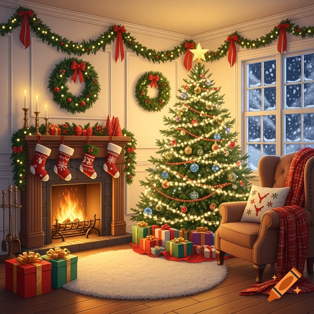 A warmly lit Christmas living room with a decorated tree, glowing fireplace with stockings, gifts, and a cozy armchair next to a snowy window.