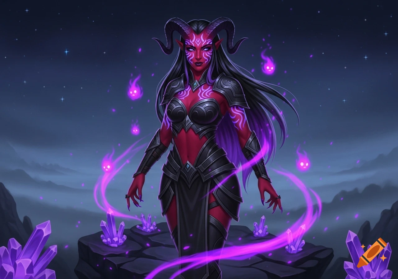 A red-skinned female tiefling with horns and long black hair, wearing dark fantasy armor, stands among glowing purple crystals and spirits under a starry night sky.