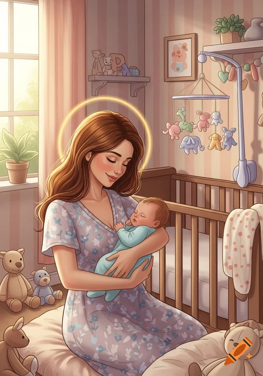 An illustration of a gentle mother with a glowing halo holding her sleeping baby in a warm nursery filled with plush toys and a crib.