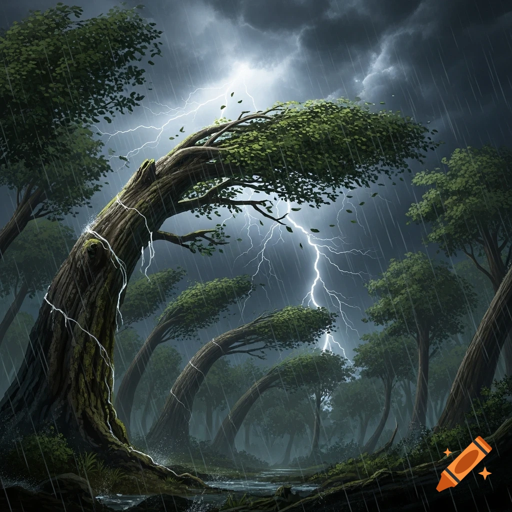 A dark, stormy forest scene with heavy rain, lightning striking through dark clouds, and trees bent by strong winds.