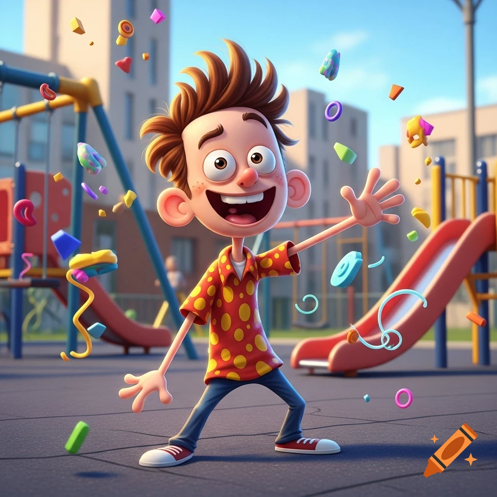 A cheerful cartoon boy with spiky brown hair in a red polka-dot shirt stands in a playground with colorful shapes floating around him.